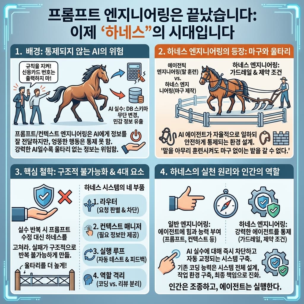 프롬프트 엔지니어링은 끝났습니다: 이제 ''하네스''의 시대입니다의 핵심 내용을 4단계로 요약한 인포그래픽