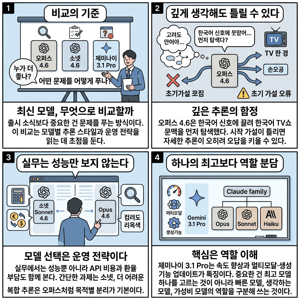 생각이 깊어 실수하는 클로드, 시킬 것과 시키지 말 것 (강수진 박사)의 핵심 내용을 4단계로 요약한 인포그래픽