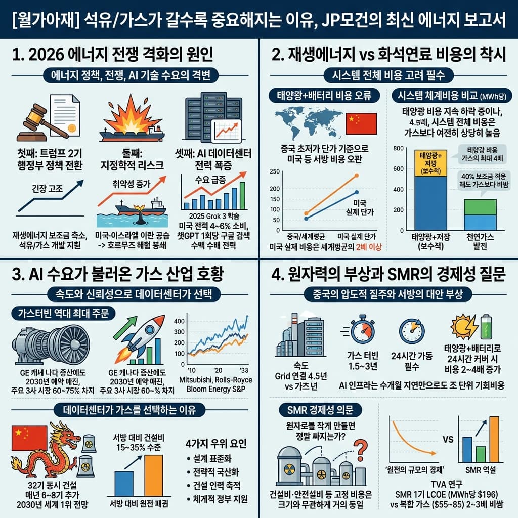 [월가아재] 석유/가스가 갈수록 중요해지는 이유, JP모건의 최신 에너지 보고서의 핵심 내용을 4단계로 요약한 인포그래픽