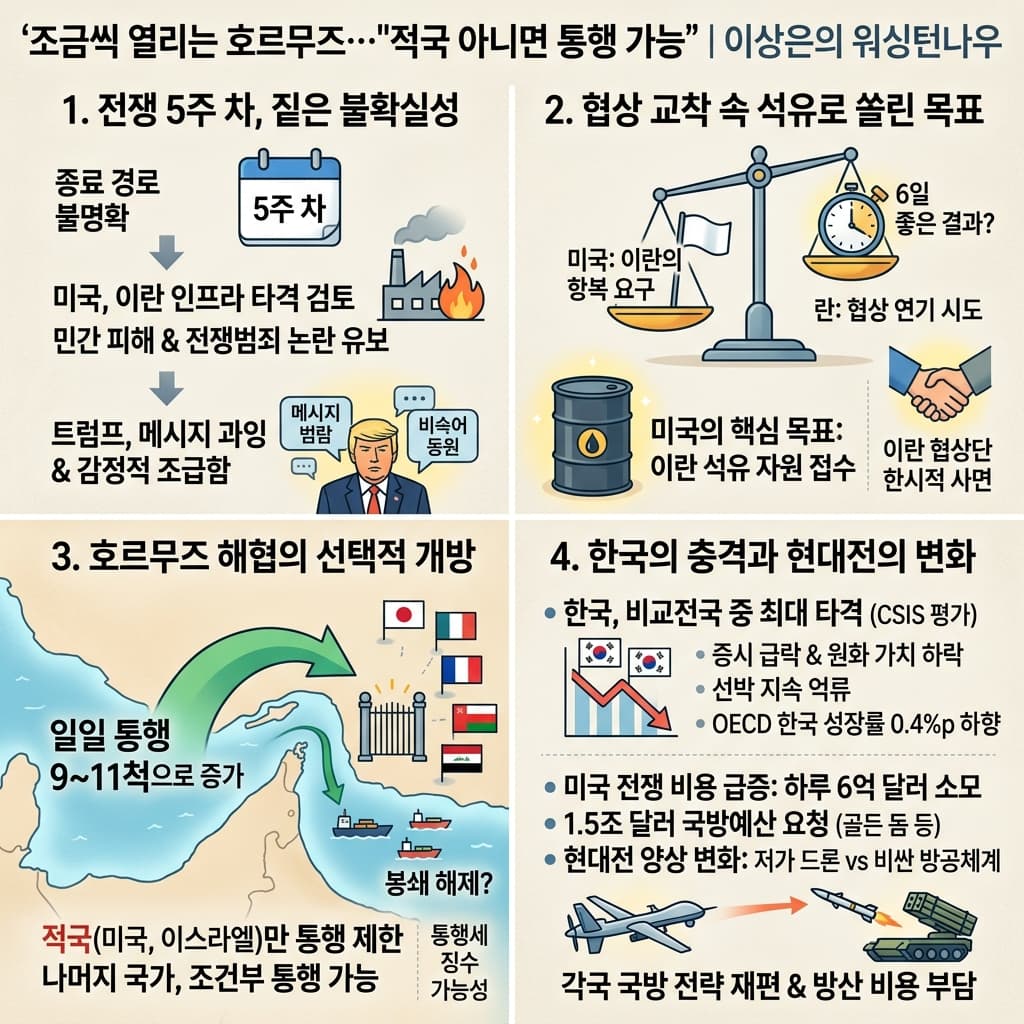 조금씩 열리는 호르무즈…"적국 아니면 통행 가능"ㅣ이상은의 워싱턴나우의 핵심 내용을 4단계로 요약한 인포그래픽
