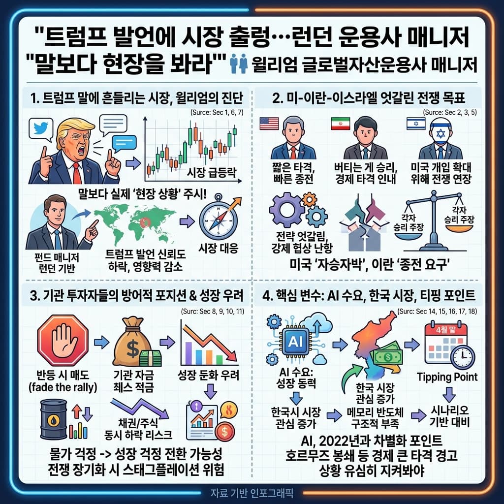 트럼프 발언에 시장 출렁…런던 운용사 매니저 ''말보다 현장을 봐라''"⎮윌리엄 글로벌자산운용사 매니저의 핵심 내용을 4단계로 요약한 인포그래픽