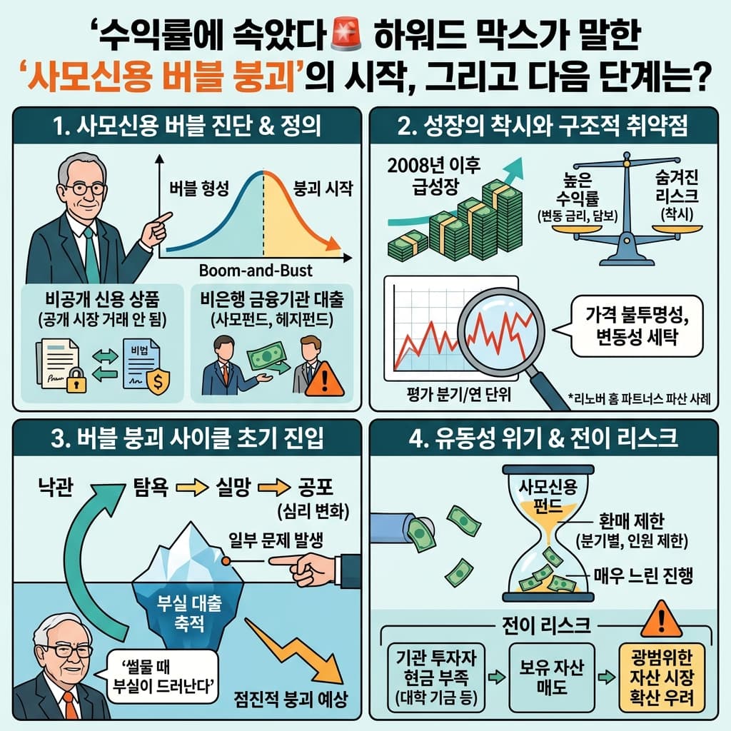 수익률에 속았다🚨 하워드 막스가 말한 ''사모신용 버블 붕괴''의 시작, 그리고 다음 단계는?의 핵심 내용을 4단계로 요약한 인포그래픽