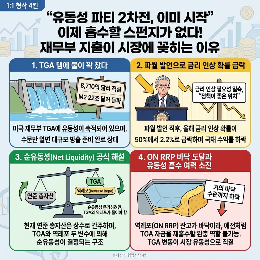유동성 파티 2차전, 이미 시작" 이제 흡수할 스펀지가 없다! 재무부 지출이 시장에 꽂히는 이유의 핵심 내용을 4단계로 요약한 인포그래픽