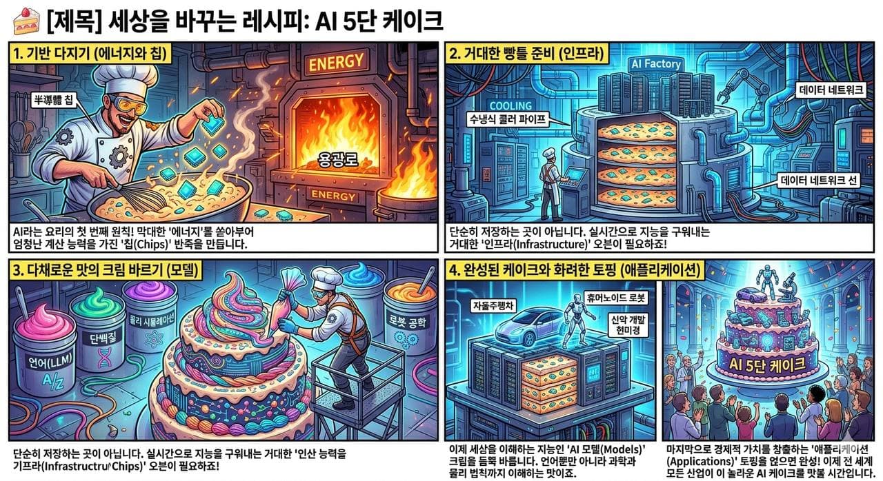 AI Is a 5-Layer Cake의 핵심 내용을 4단계로 요약한 인포그래픽