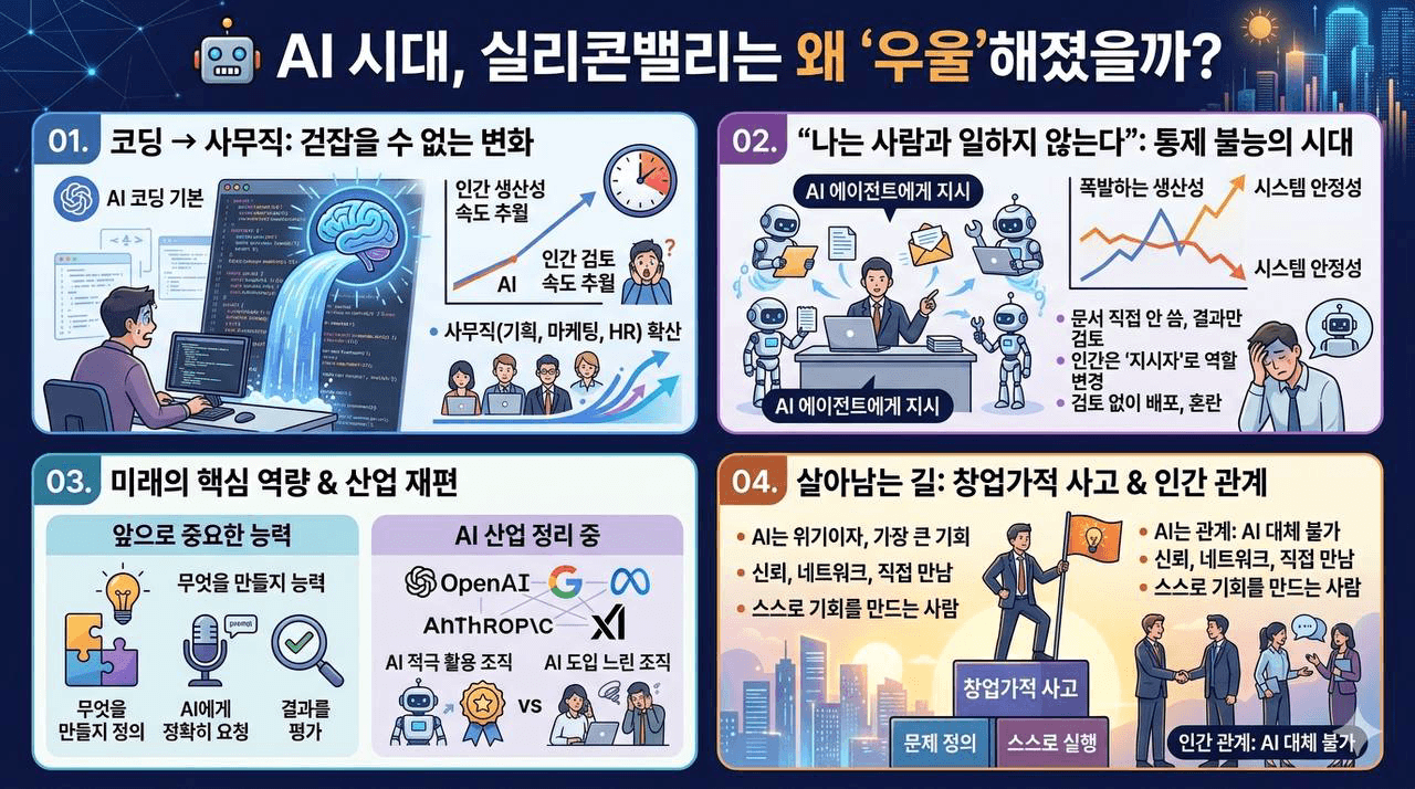 Claude Blue - 실리콘밸리 전체가 우울하다의 핵심 내용을 4단계로 요약한 인포그래픽