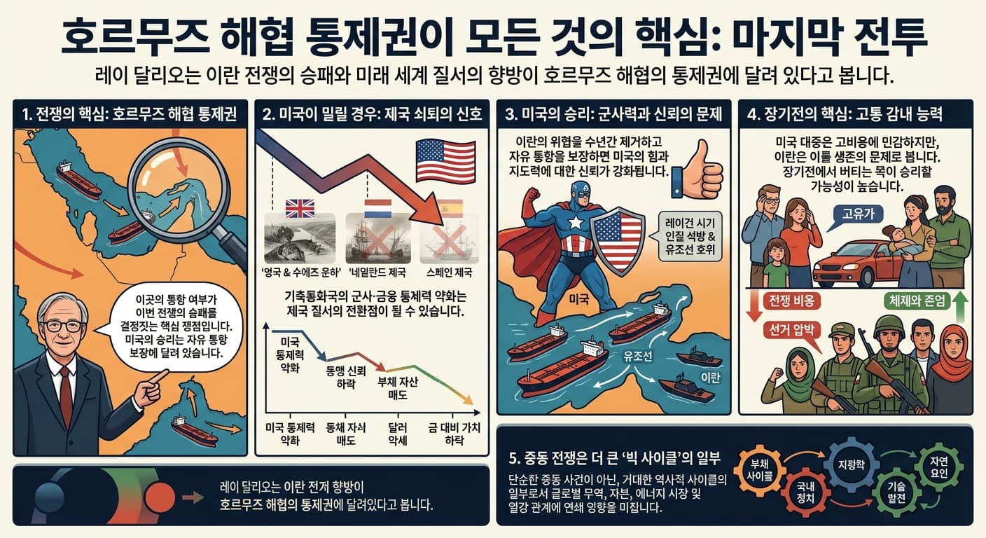 It All Comes Down to Who Controls the Strait of Hormuz: The Final Battle의 핵심 내용을 4단계로 요약한 인포그래픽