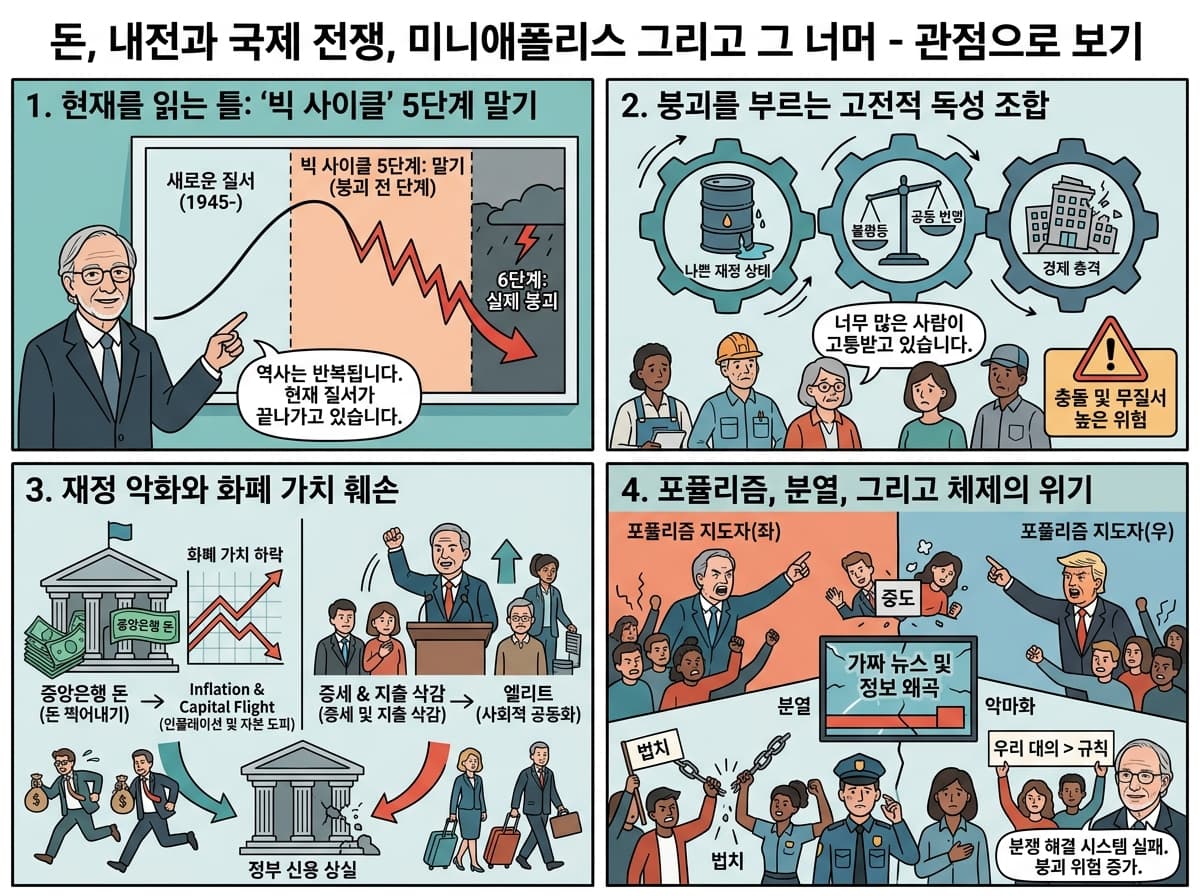 Money, Civil & International War, Minneapolis, and Beyond—in Perspective의 핵심 내용을 4단계로 요약한 인포그래픽