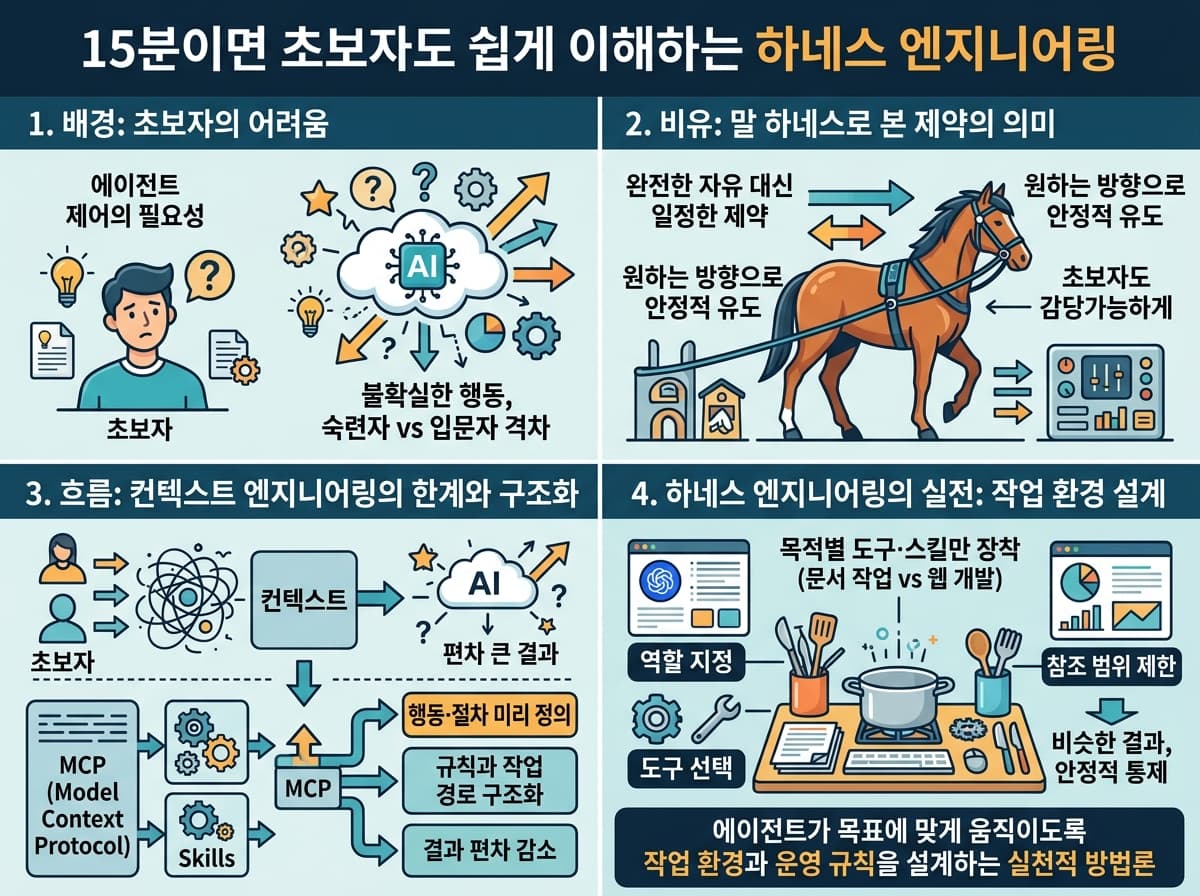 15분이면 초보자도 쉽게 이해하는 하네스 엔지니어링의 핵심 내용을 4단계로 요약한 인포그래픽