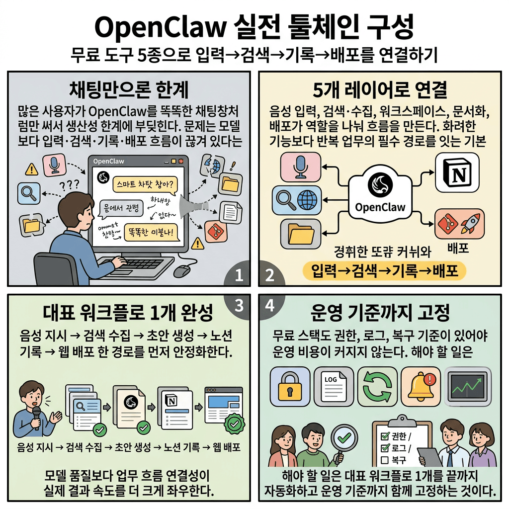 5 FREE Tools That Make OpenClaw ACTUALLY Useful의 핵심 내용을 4단계로 요약한 인포그래픽