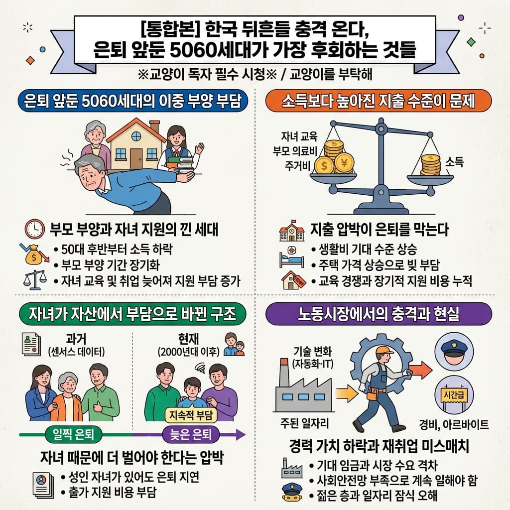 [통합본] 한국 뒤흔들 충격 온다, 은퇴 앞둔 5060세대가 가장 후회하는 것들 ※교양이 독자 필수 시청※ / 교양이를 부탁해의 핵심 내용을 4단계로 요약한 인포그래픽
