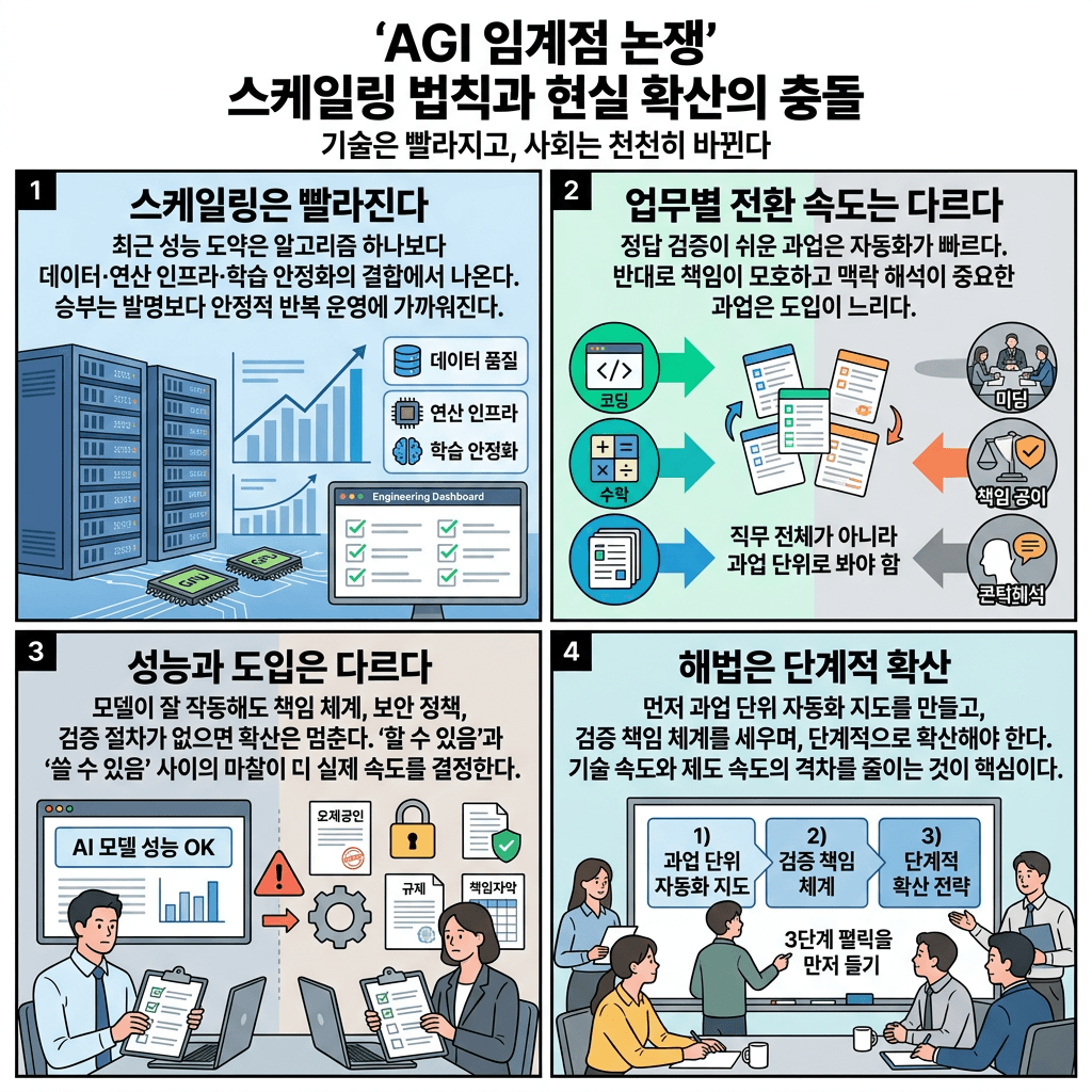 AGI 임계점 논쟁 - 스케일링 법칙과 현실 확산의 충돌의 핵심 내용을 4단계로 요약한 인포그래픽