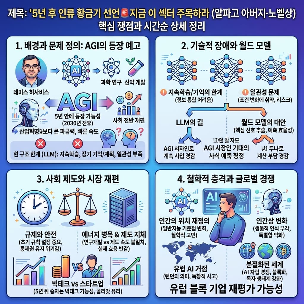 5년 후 인류 황금기 선언🚨지금 이 섹터 주목하라 (알파고 아버지·노벨상)의 핵심 내용을 4단계로 요약한 인포그래픽