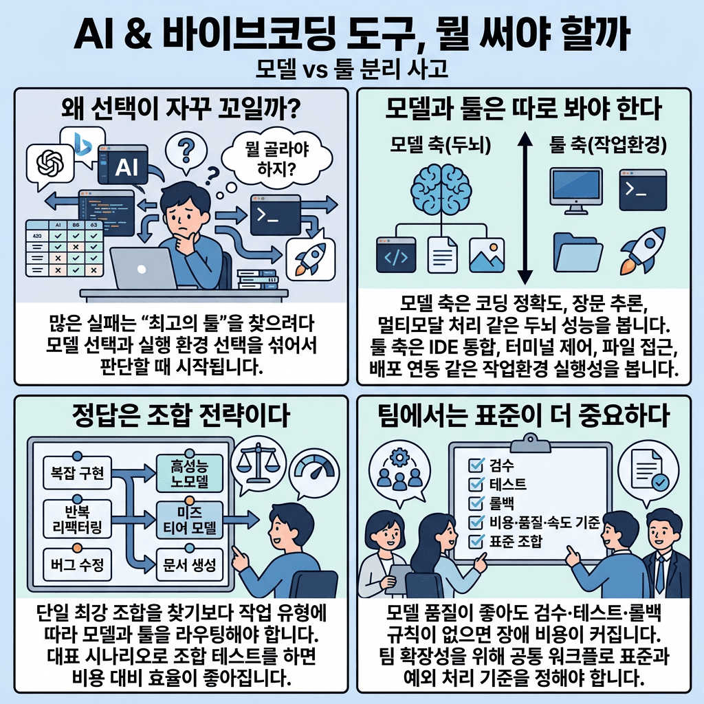 AI & 바이브코딩 도구, 뭘 써야 할까?의 핵심 내용을 4단계로 요약한 인포그래픽