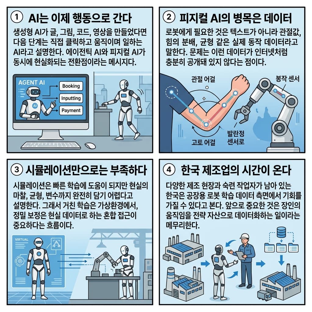 피지컬 AI, 노동의 종말이 온다… 우리에게 남은 시간은? (김대식 1부)ㅣ10분 토론 / 14F의 핵심 내용을 4단계로 요약한 인포그래픽