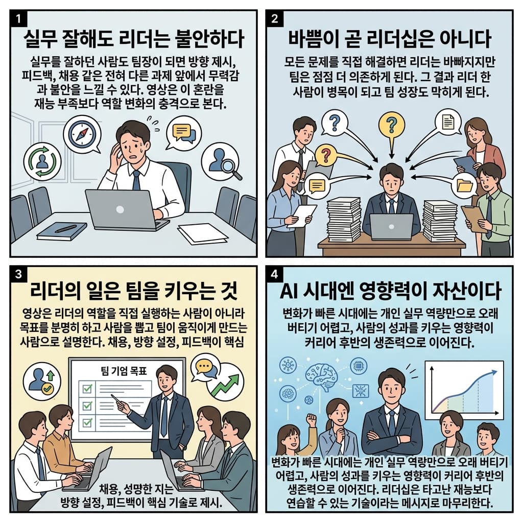 AI시대에 60살까지 일하고 싶으면 리더를 해야 합니다.ㅣ한기용의 나침반의 핵심 내용을 4단계로 요약한 인포그래픽