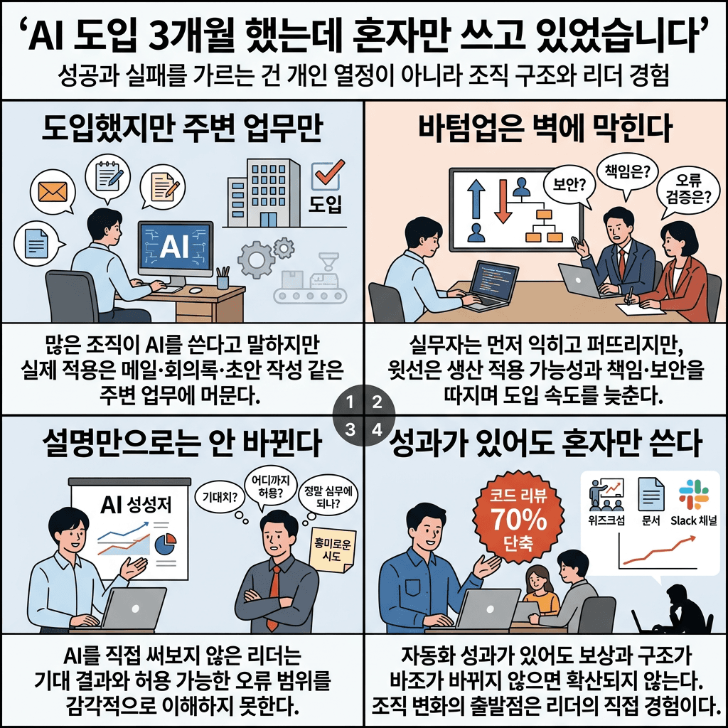 AI 도입 3개월 했는데 혼자만 쓰고 있었습니다의 핵심 내용을 4단계로 요약한 인포그래픽