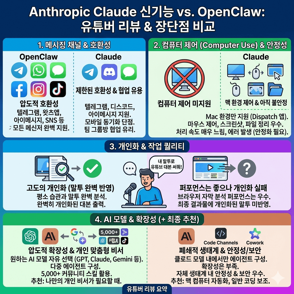 OpenClaw랑 클로드랑 비교해보았습니다! 신기능 많이도 나왔다 Claude Cowork, Dispatch, Code Channels, Computer Use #anthropic 내용을 설명하는 본문 이미지