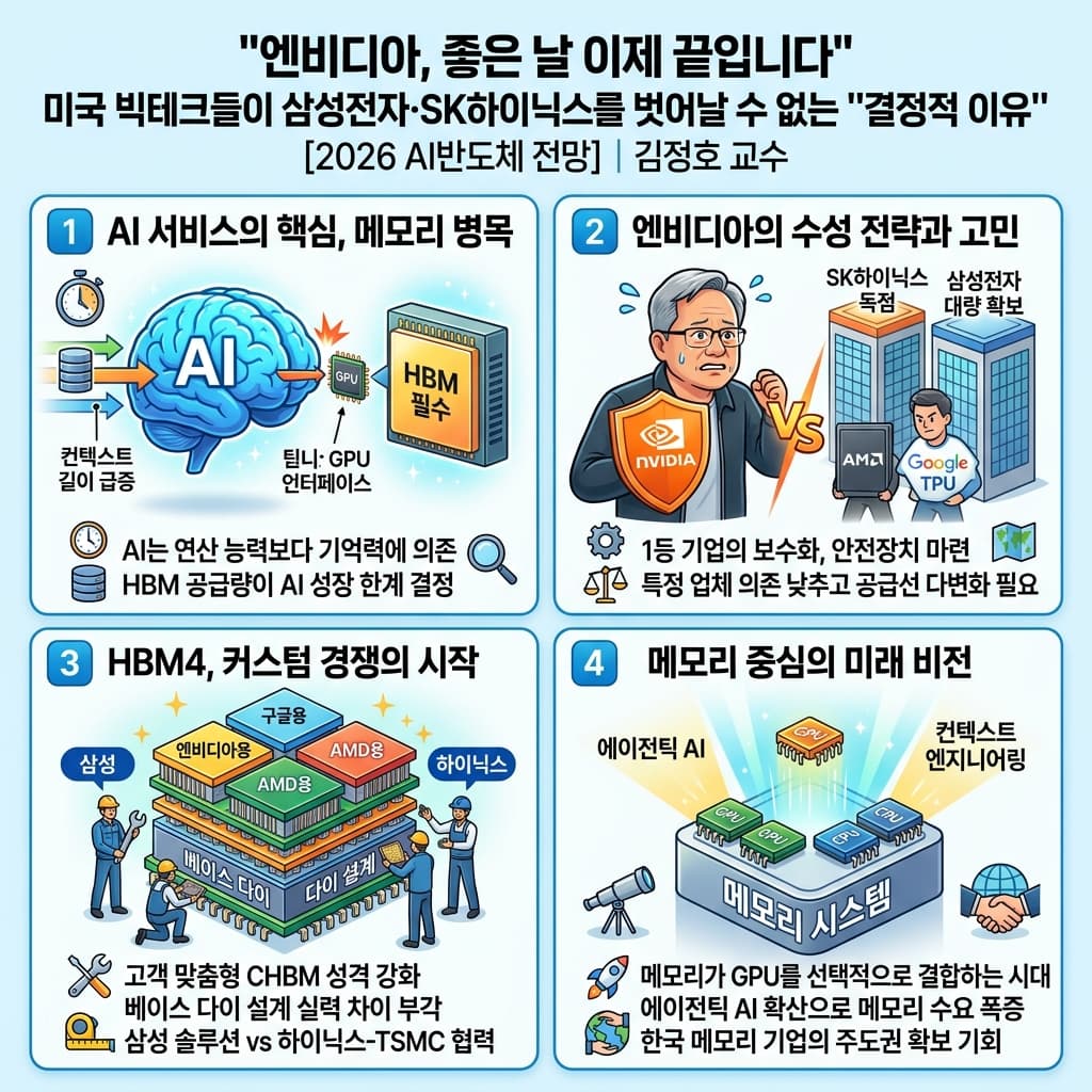 엔비디아, 좋은 날 이제 끝입니다" 미국 빅테크들이 삼성전자·SK하이닉스를 벗어날 수 없는 ''결정적 이유'' [2026 AI반도체 전망]의 핵심 내용을 4단계로 요약한 인포그래픽