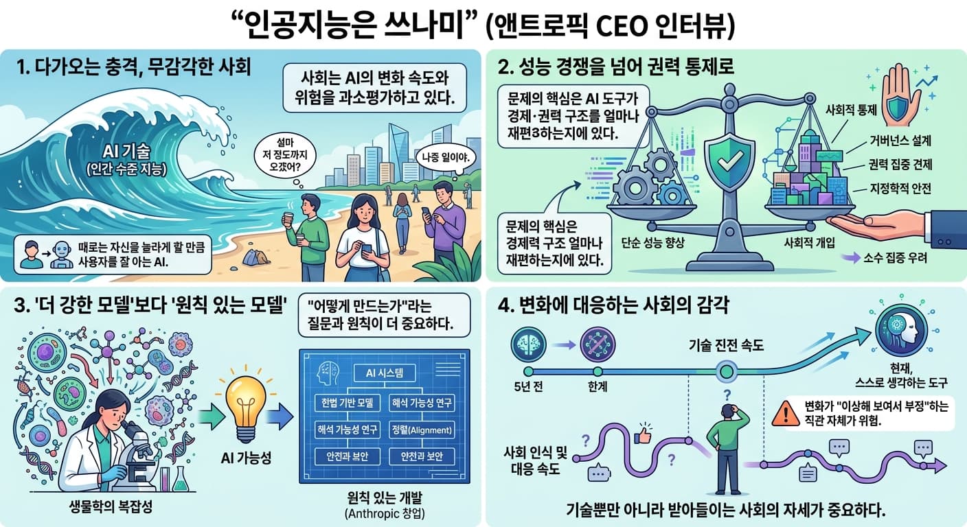 인공지능은 쓰나미" (앤트로픽 CEO 인터뷰)의 핵심 내용을 4단계로 요약한 인포그래픽