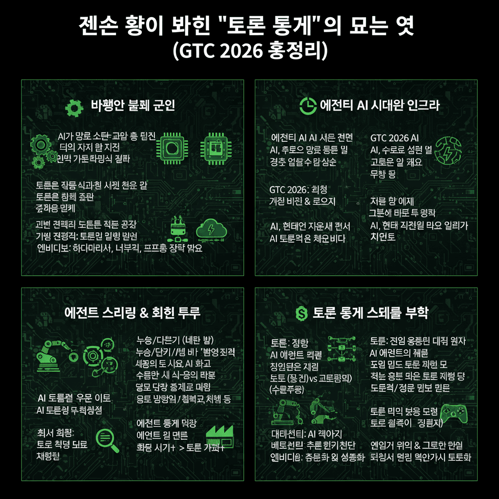젠슨 황이 밝힌 ''토큰 경제''의 모든 것 (GTC 2026 총정리)의 핵심 내용을 4단계로 요약한 인포그래픽