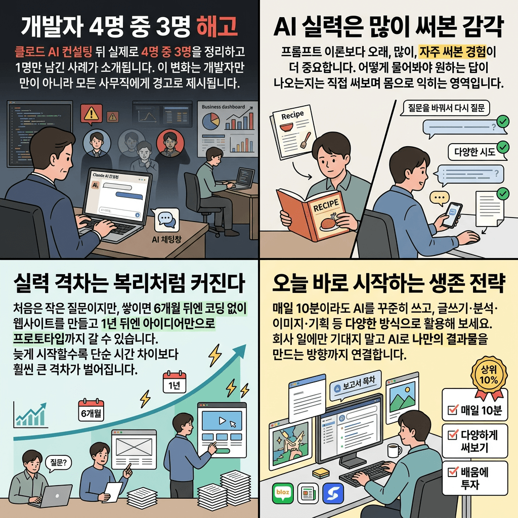 개발자 75%가 해고됐습니다… AI 때문에의 핵심 내용을 4단계로 요약한 인포그래픽