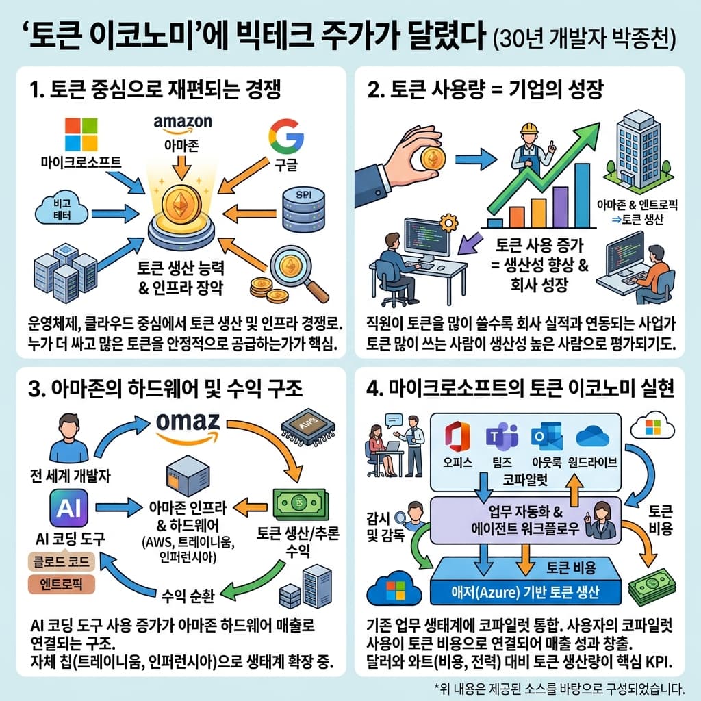 토큰 이코노미''에 빅테크 주가가 달렸다 (30년 개발자 박종천)의 핵심 내용을 4단계로 요약한 인포그래픽