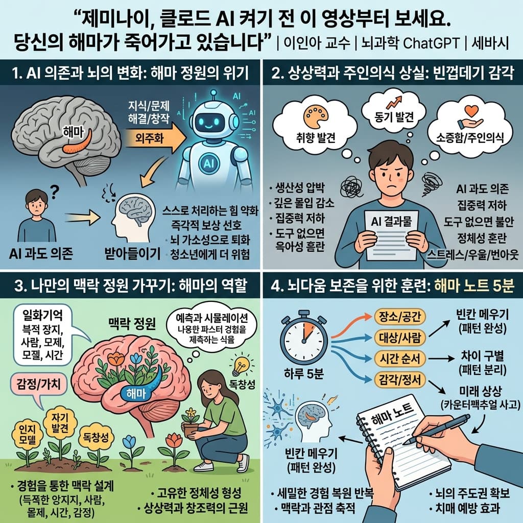 제미나이, 클로드 AI 켜기 전 이 영상부터 보세요. 당신의 해마가 죽어가고 있습니다"의 핵심 내용을 4단계로 요약한 인포그래픽