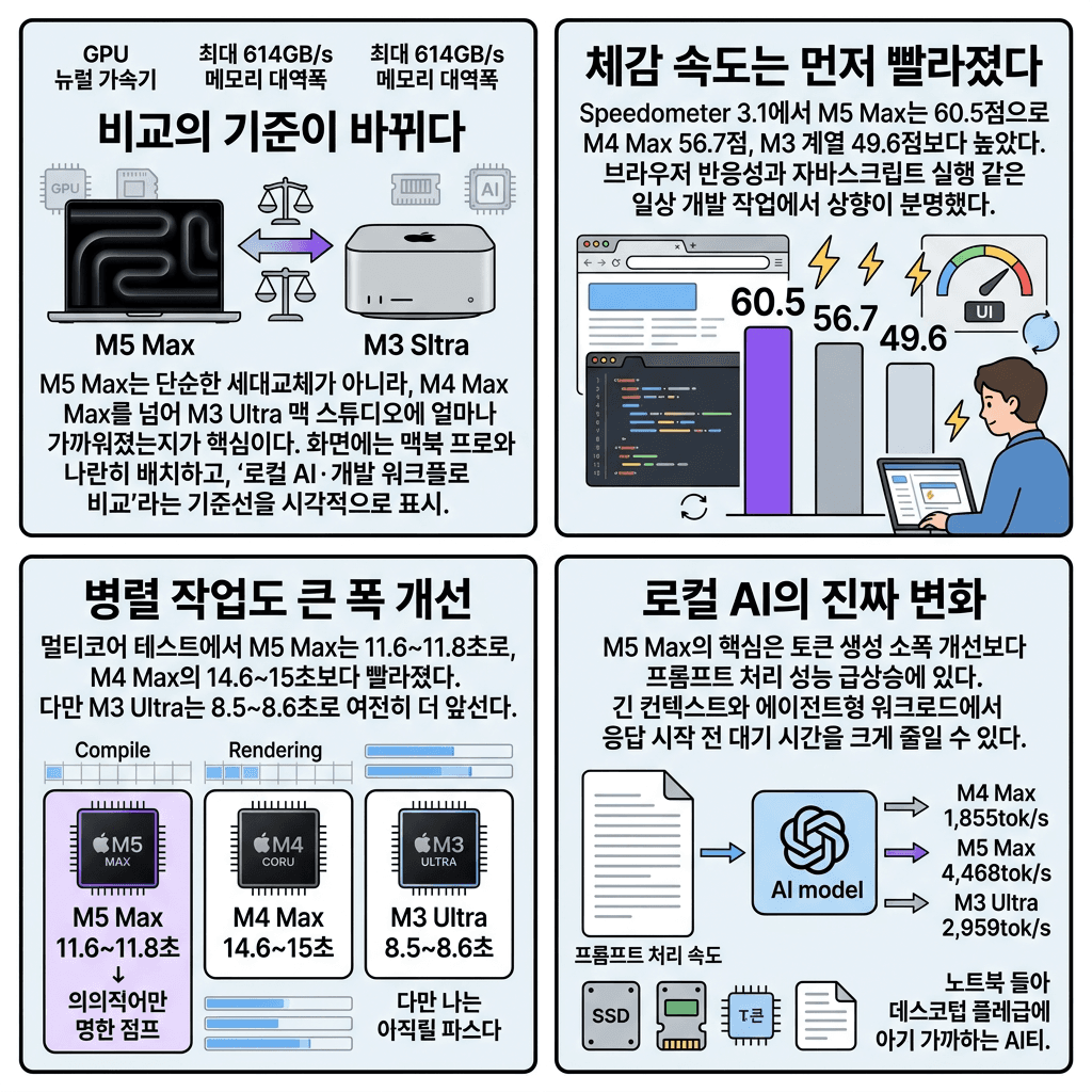 Apple''s New M5 Max Changes the Local AI Story의 핵심 내용을 4단계로 요약한 인포그래픽