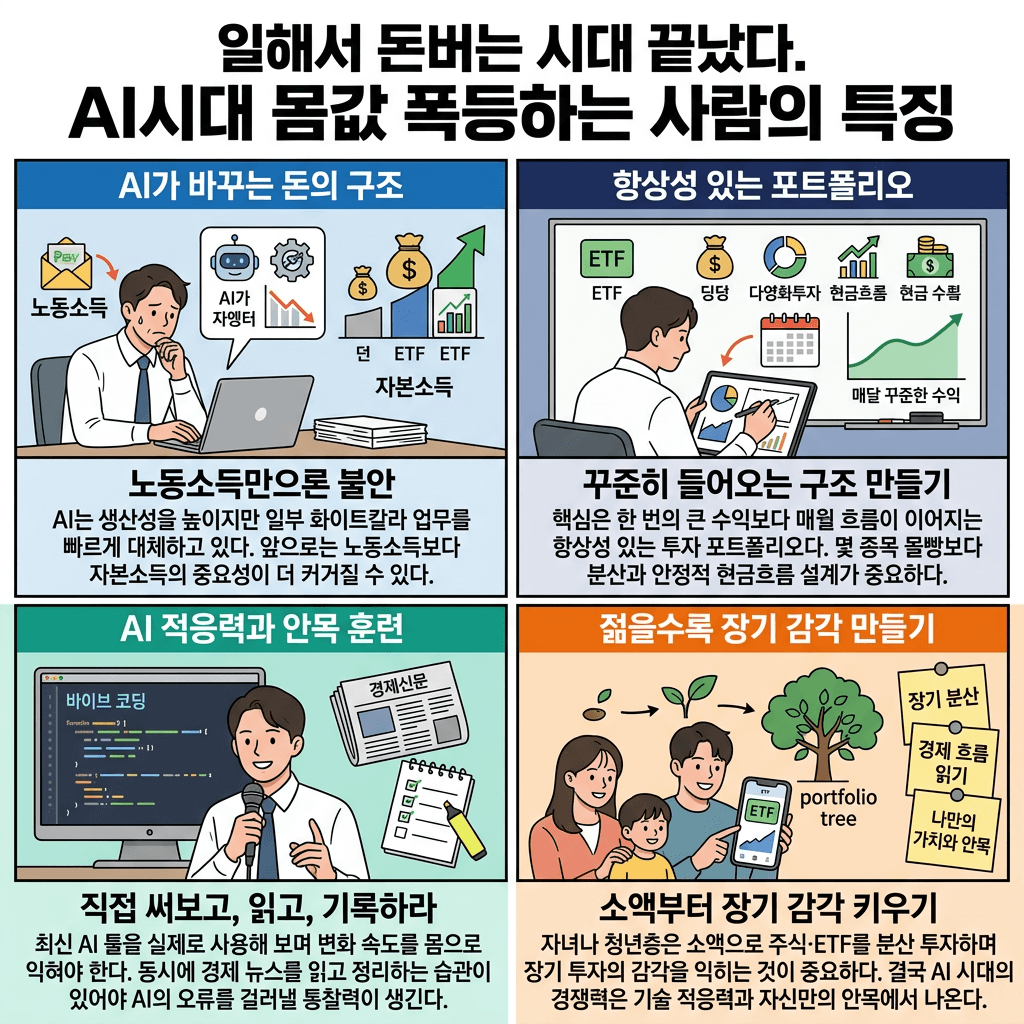 일해서 돈버는 시대 끝났다." AI시대 몸값 폭등하는 사람의 특징ㅣ지식인초대석 EP.100 (김대식 X 오건영)의 핵심 내용을 4단계로 요약한 인포그래픽