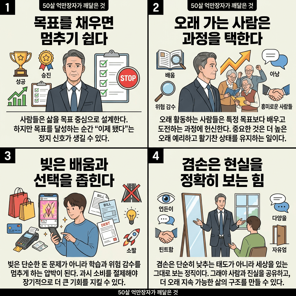 50살 억만장자가 깨닫은 것 (차마스)의 핵심 내용을 4단계로 요약한 인포그래픽