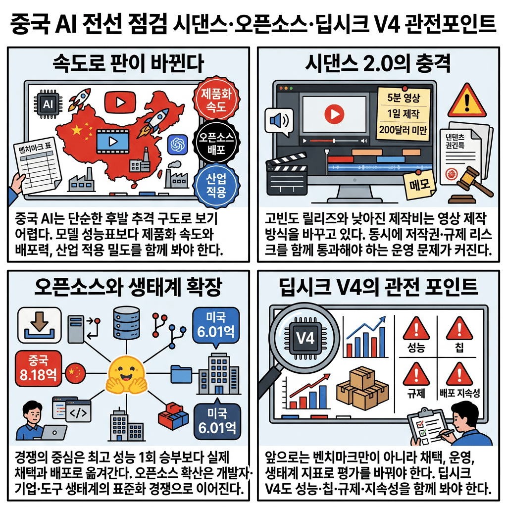 씨댄스에 이어 딥시크까지... 미국 규제 비웃는 대륙의 질주 / 오그랲 / 비디오머그의 핵심 내용을 4단계로 요약한 인포그래픽