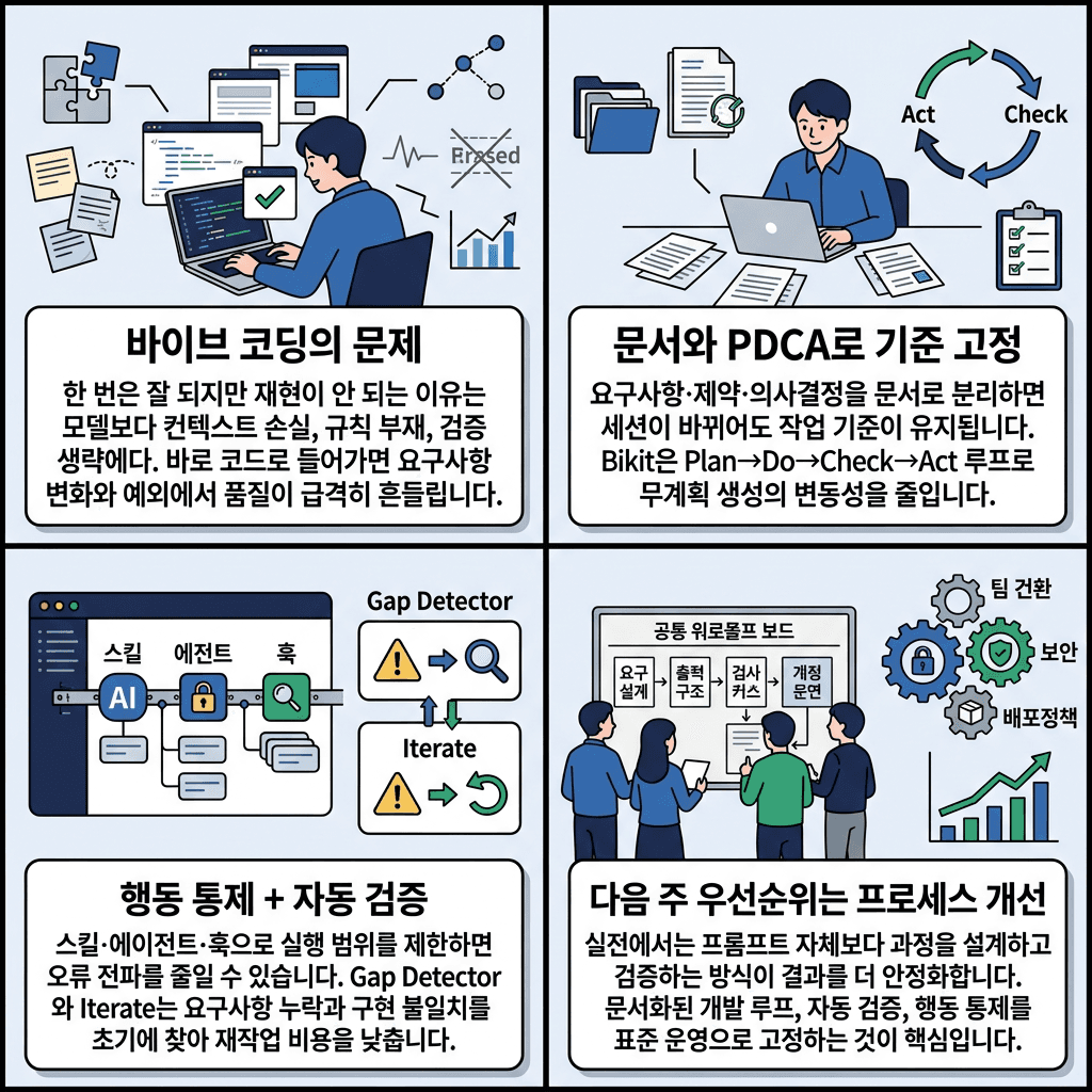 Claude Code 제대로 쓰고 싶다면 — bkit으로 AI 코딩 완전 정복의 핵심 내용을 4단계로 요약한 인포그래픽