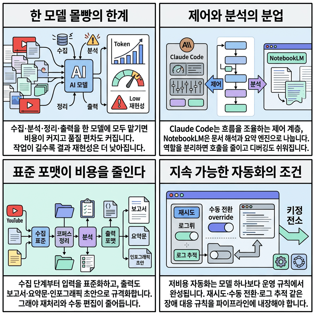 Claude Code + NotebookLM = 치트 코드입니다의 핵심 내용을 4단계로 요약한 인포그래픽