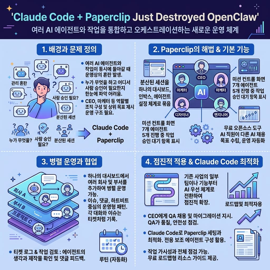 Claude Code + Paperclip Just Destroyed OpenClaw의 핵심 내용을 4단계로 요약한 인포그래픽