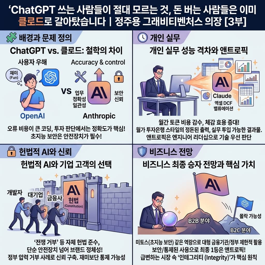 ChatGPT 쓰는 사람들이 절대 모르는 것, 돈 버는 사람들은 이미 클로드로 갈아탔습니다ㅣ정주용 그래비티벤처스 의장 [3부]의 핵심 내용을 4단계로 요약한 인포그래픽