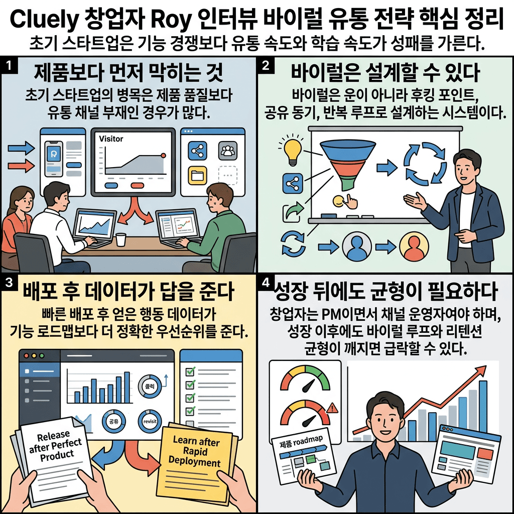 Cluely 창업자 Roy 인터뷰 - 바이럴 유통 전략 핵심 정리의 핵심 내용을 4단계로 요약한 인포그래픽
