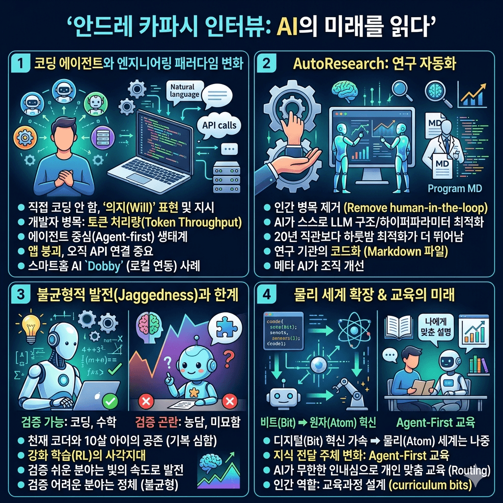 Skill Issue: Andrej Karpathy on Code Agents, AutoResearch, and the Loopy Era of AI의 핵심 내용을 4단계로 요약한 인포그래픽