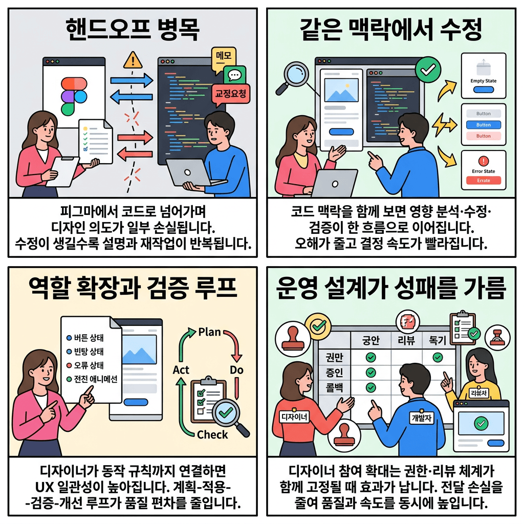 우리 회사 디자이너는 피그마를 안써요의 핵심 내용을 4단계로 요약한 인포그래픽