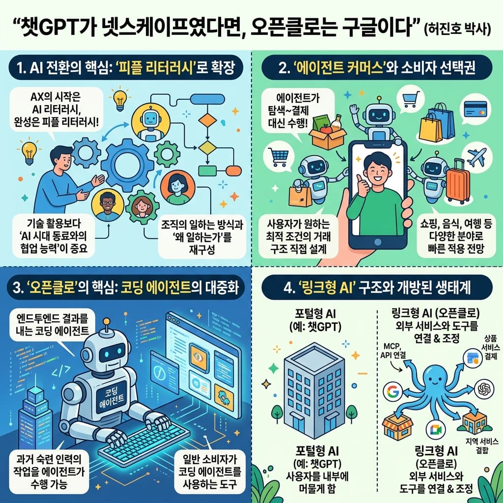챗GPT가 넷스케이프였다면, 오픈클로는 구글이다" (허진호 박사)의 핵심 내용을 4단계로 요약한 인포그래픽