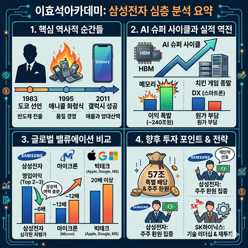 40분에 끝내는 삼성전자. 매수 매도 고민 날려드립니다의 핵심 내용을 4단계로 요약한 인포그래픽