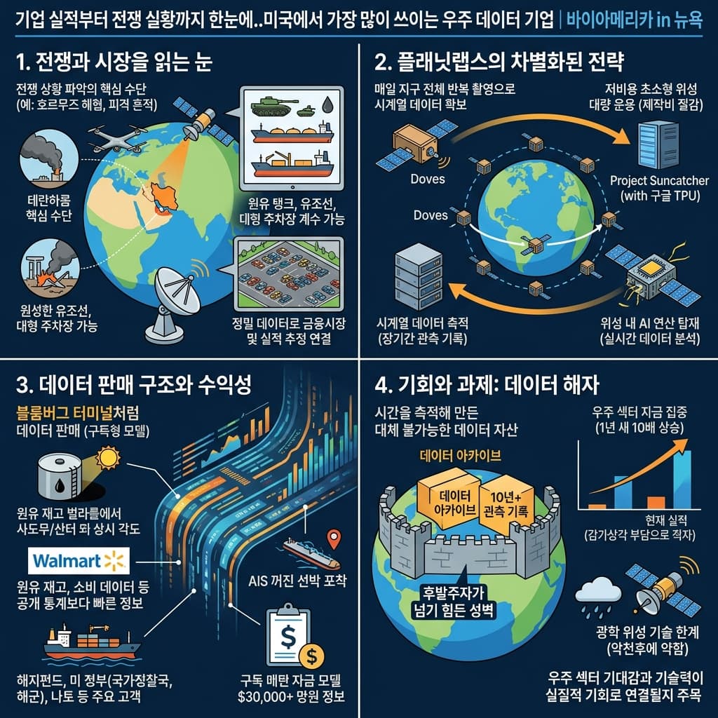 기업 실적부터 전쟁 실황까지 한눈에..미국에서 가장 많이 쓰이는 우주 데이터 기업의 핵심 내용을 4단계로 요약한 인포그래픽