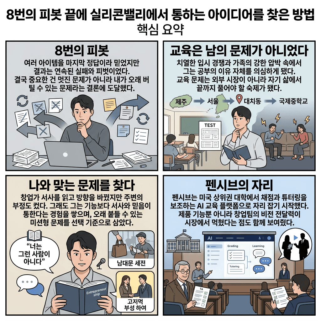 8번의 피봇 끝에 실리콘밸리에서 통하는 아이디어를 찾은 방법의 핵심 내용을 4단계로 요약한 인포그래픽