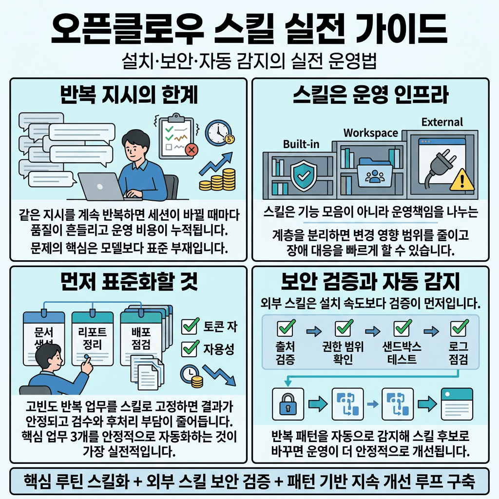 Everything You Need to Know About OpenClaw Skills (Beginner to Pro)의 핵심 내용을 4단계로 요약한 인포그래픽