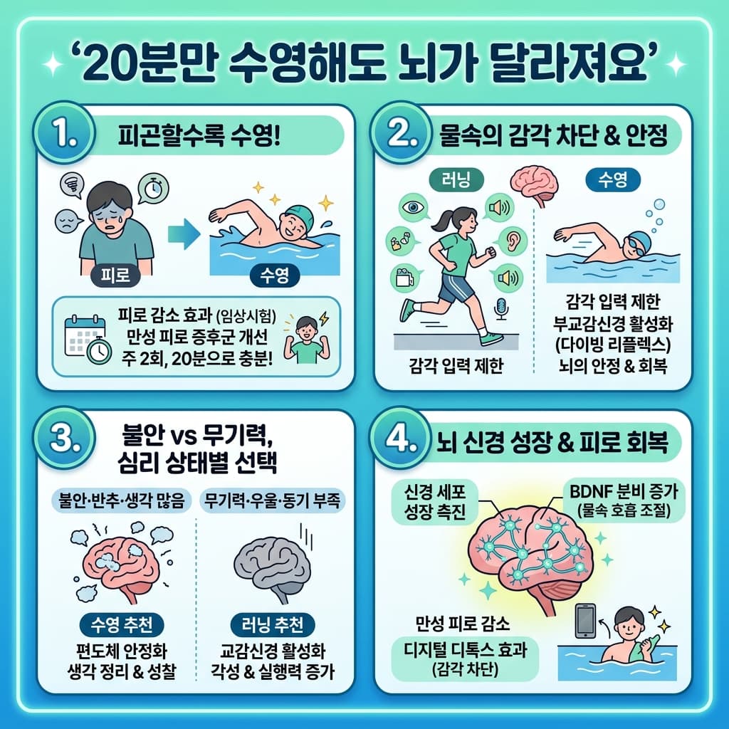 20분만 수영해도 뇌가 달라져요의 핵심 내용을 4단계로 요약한 인포그래픽