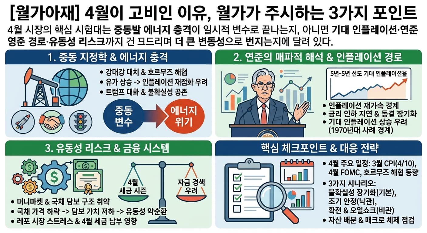 [월가아재] 4월이 고비인 이유, 월가가 주시하는 3가지 포인트의 핵심 내용을 4단계로 요약한 인포그래픽