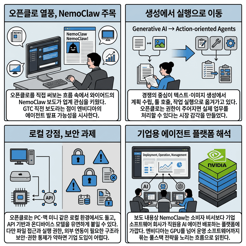 엔비디아, 오픈클로 만드나 … GPU를 넘어 AI 에이전트 플랫폼까지 노리는 이유의 핵심 내용을 4단계로 요약한 인포그래픽