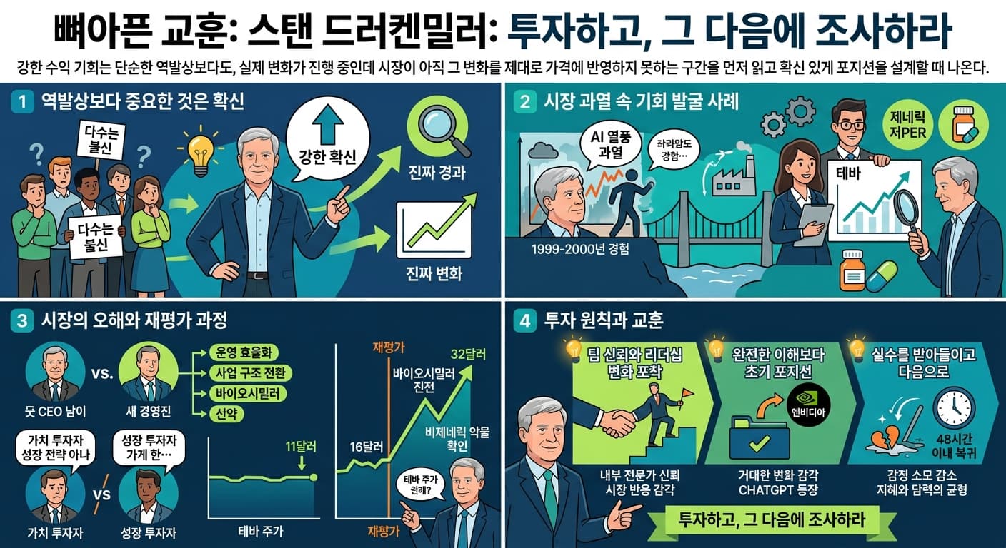 Hard Lessons: Stan Druckenmiller: Invest, then investigate의 핵심 내용을 4단계로 요약한 인포그래픽