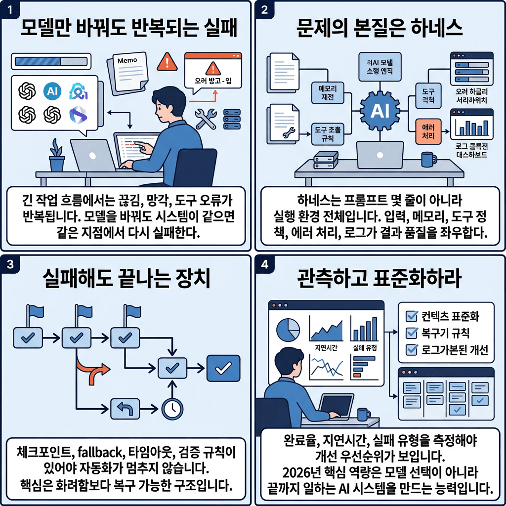 Harness Engineering: The Skill That Will Define 2026 for Solo Devs의 핵심 내용을 4단계로 요약한 인포그래픽