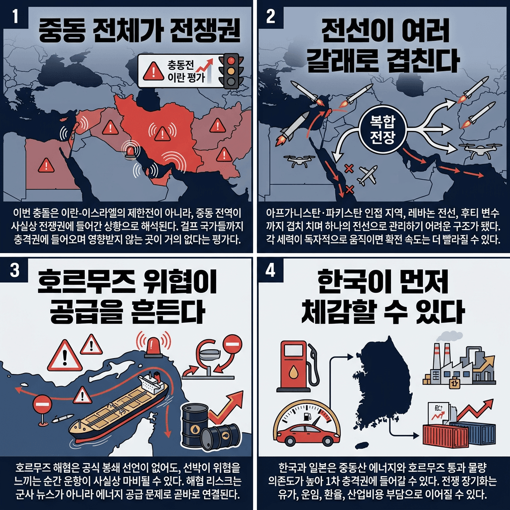 중동 전문가들 한목소리 "호르무즈 막히면 끝", 한국 덮칠 기름값 공포 (ft. 박현도 성일광 교수) / 지식의발견 / 비디오머그의 핵심 내용을 4단계로 요약한 인포그래픽