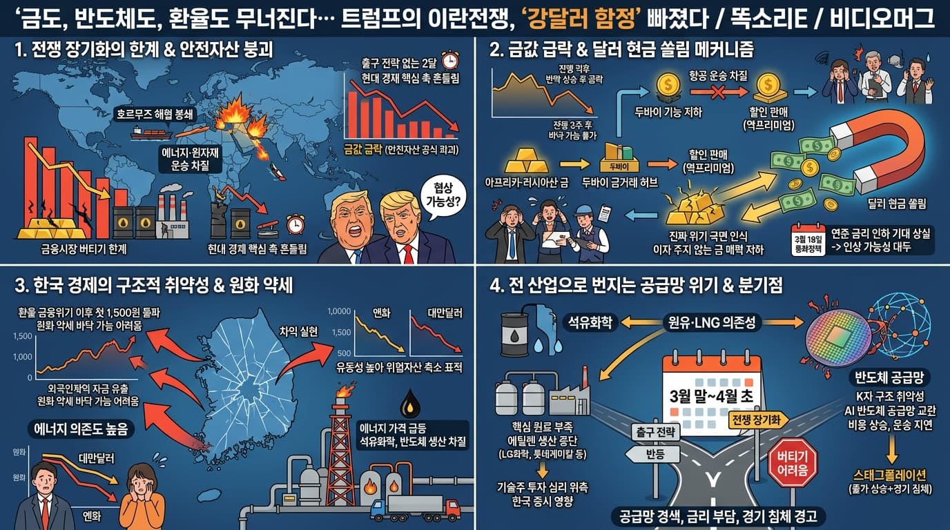 금도, 반도체도, 환율도 무너진다… 트럼프의 이란전쟁, ''강달러 함정'' 빠졌다 / 똑소리E / 비디오머그의 핵심 내용을 4단계로 요약한 인포그래픽